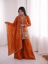 Beautiful Pure Silk Orange Top Palazzo With Dupatta For Women Function Wear