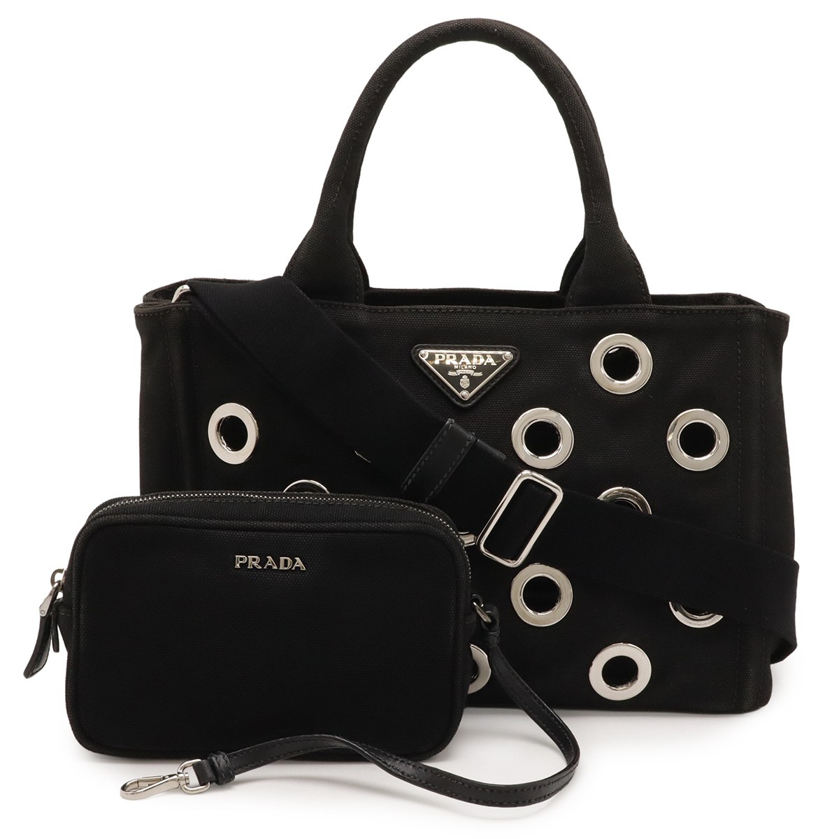 PRADA CANAPA Grommet Tote Bag 2WAY Shoulder Bag Canvas NERO Black Silver Hardwar