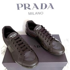 PRADA 2EG355 Blue Black Leather Re-Nylon Sneakers Shoes - NEW - US 10.5 UK 9.5