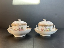 Pair Antique/ VTG Dresden Germany Cream Soup Cup & Saucer Sets W Lid