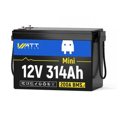 WATTCYCLE 12V 300Ah 314Ah Mini LiFePO4 Lithium Battery 200A BMS Solar Power RV off-grid