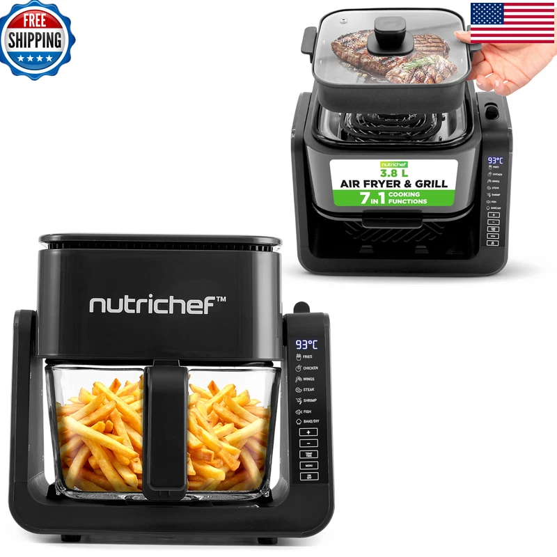 Nutrichef 4 Qt Air Fryer Grill 7-1 Preset Cook Modes Transparent Fry Bowl For