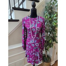 Loft Fit & Flare Dress 8 Plum Purple Floral Puff Shoulder Back Zip Casual Party