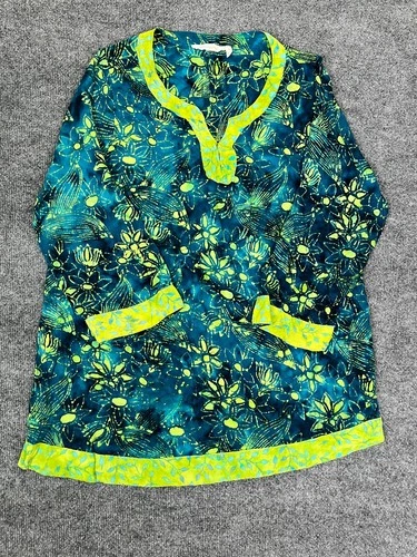 Soft Surroundings Anaisha Floral Batik Green 3/4 Sleeve V-Neck Tunic Size PL