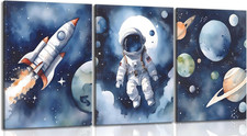 Kids Astronaut Wall Art Set - Space Planets Canvas Prints for Bedroom Decor