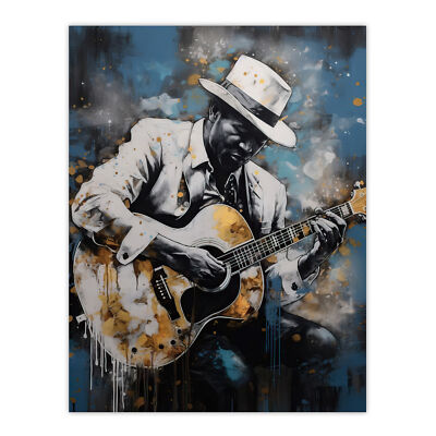 Guitarist Playing Acoustic Blues Painting Gold Blue Wall Art