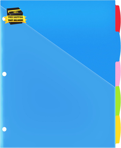 Durable 5-Tab Binder Dividers with Clear Pocket - 1 Set, Reusable Plastic Divide