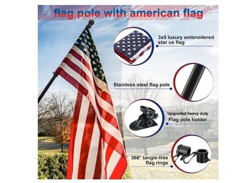 US American Flag Kit with 6 Foot Steel Pole And Bracket Poly Cotton 3 Ft x 5 Ft - Picture 5 of 8