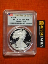 2024 S PROOF SILVER EAGLE PCGS PR70 DCAM FLAG FIRST DAY OF ISSUE FDI LABEL