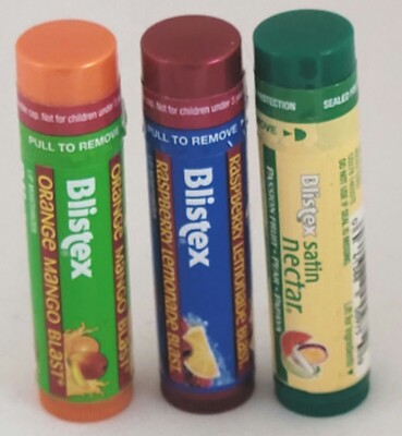 3 Blistex Raspberry Lemon Blast, Orange Mango Blast, Passion Fruit Pear Papaya