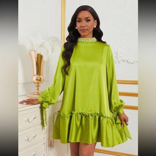 Green Ruffled Mock Neck A-line Dress for Cocktail, Prom, Wedding Events - Picture 2 of 7