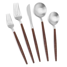 Matte Silver Silverware Set With Brown Handle, 20 Piece Stainless Steel Cutle...