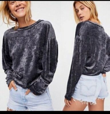 Free People Milan Navy Blue Crushed Velvet Size S Women's Top #W8