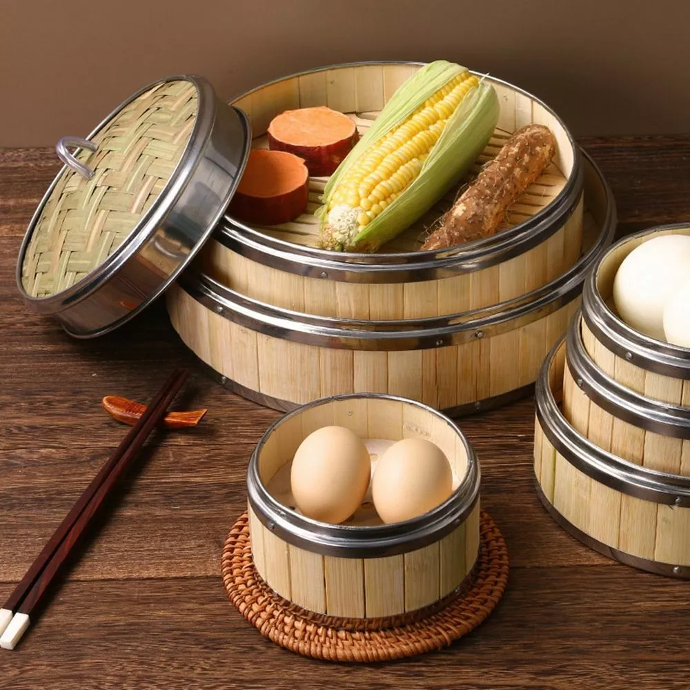 Juvale 2-tier Bamboo Steamer Basket With Steel Rings For Dumplings