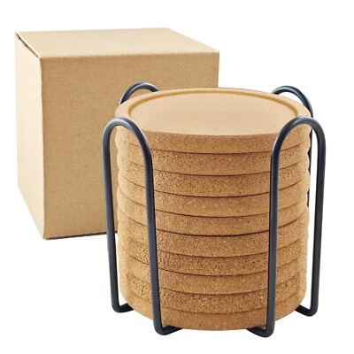 Cork Coasters for Drinks, 10 Pcs Coaster Set with Holder, 4 inches Cup Coaste...