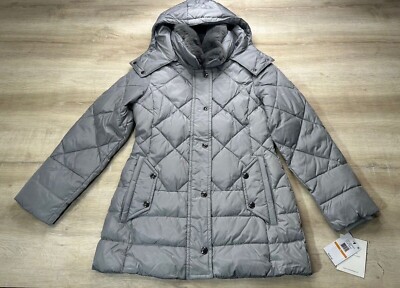 London Fog Womens Coat Gray S Shadow Quilted Puffer Faux Fur