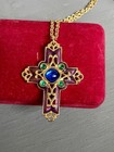 Vintage Avon Cross Necklace, ￼Gold Tone Purple Enamel Blue & Green Cabochon — photo 1