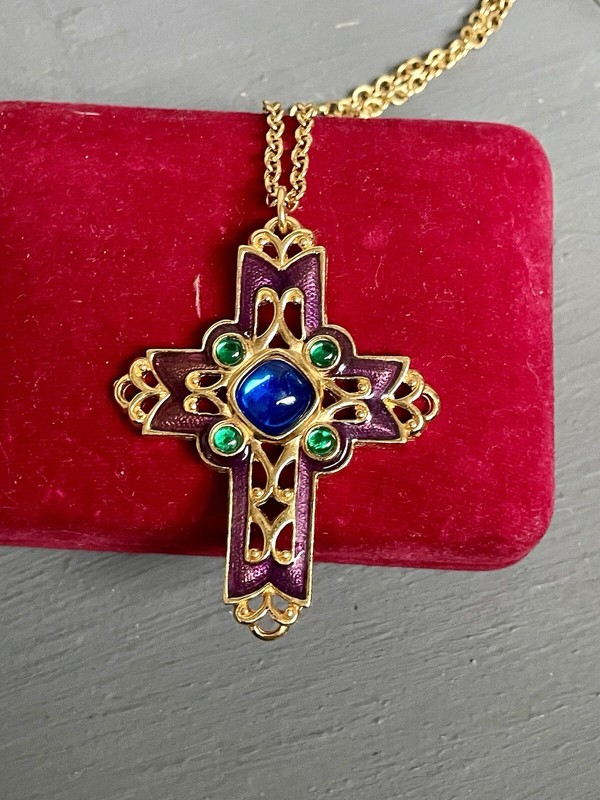 Vintage Avon Cross Necklace, ￼Gold Tone Purple Enamel Blue & Green Cabochon