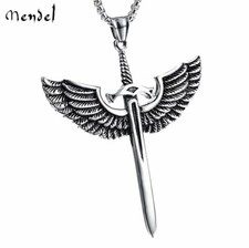 MENDEL Mens Archangel Michael Angel Wing Sword Necklace Pendant Stainless Steel