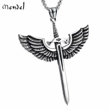 MENDEL Mens Archangel Michael Angel Wing Sword Necklace Pendant Stainless Steel