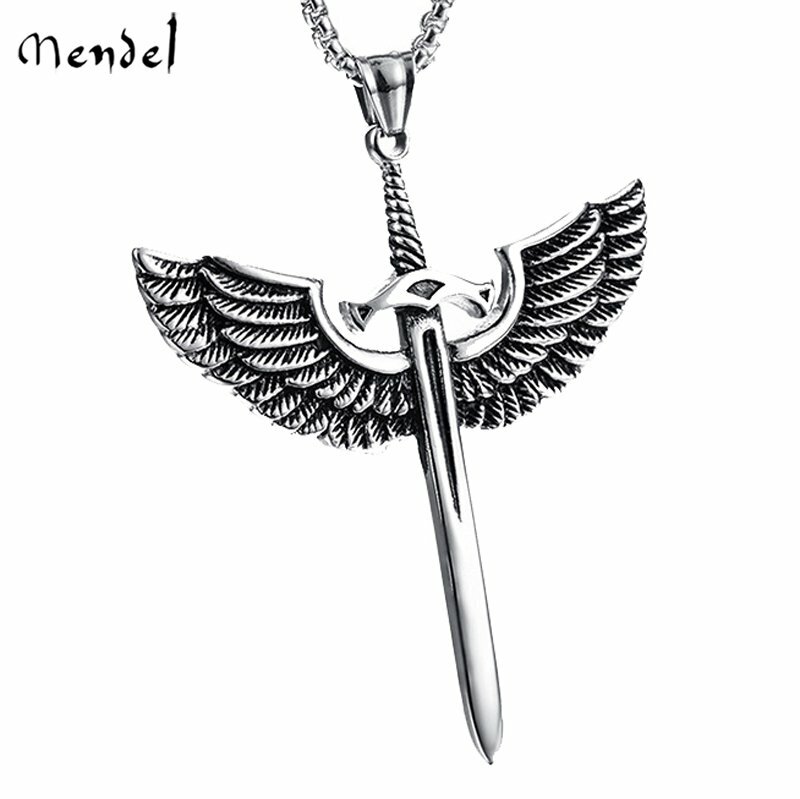 MENDEL Mens Archangel Michael Angel Wing Sword Necklace Pendant Stainless Steel