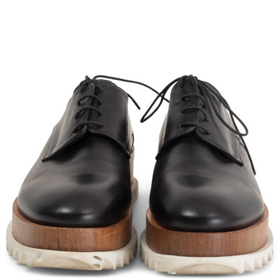 ^_^ 64244 auth JIL SANDER black leather WOODE PLATFORM DERBY Shoes 38