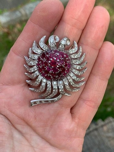2 Ct Round Cut Lab-Created Pink Ruby Flower Brooch Pin In 14K White Gold Finish - Picture 3 of 5