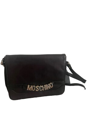 Rare 90s Moschino Black Leather Silver Letters Crossbody  display picture 1
