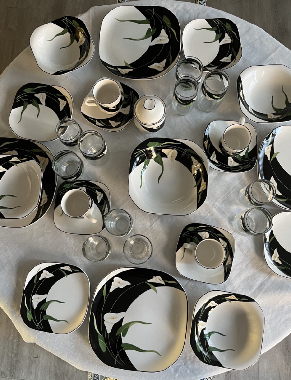 Sango Quadrille Black Lilies CHOICE Dinner Salad Plate Bowl Servers Glasses +