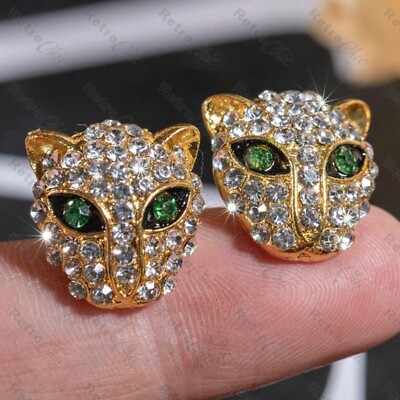 BLING Leopardenkopf KRISTALL OHRRINGE grüne Augen GOLD MODE Panther NIETEN Tier