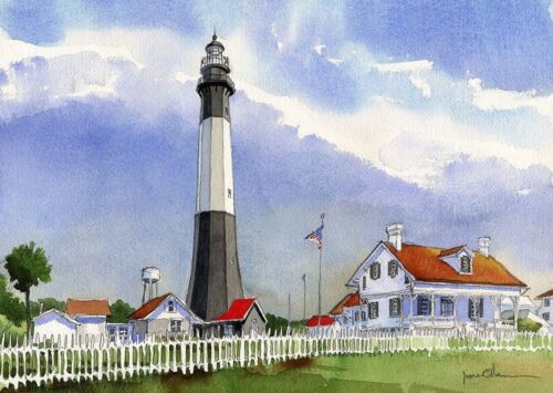 Tybee Island Lighthouse, Georgia Landscape. James Mann Watercolor Prints - Picture 1 of 2