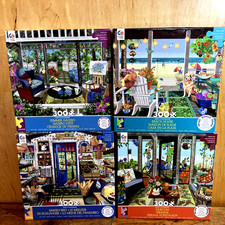 Ceaco 300 Large Piece Puzzles,Lot of 4, Beach, Sunroom, Bakery, Gazebo, Complete