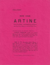 René CHAR lettre autographe signée sur le fameux prospectus surréaliste d'Artine