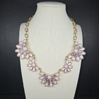 Statement BIB NECKLACE Pink Flowers w/ Pink Rhinestones GOLD TONE Metal 16-20 in