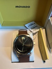 MOVADO 3600915 Brown Cognac Leather Strap Gold Tone Case Men's Watch NEW