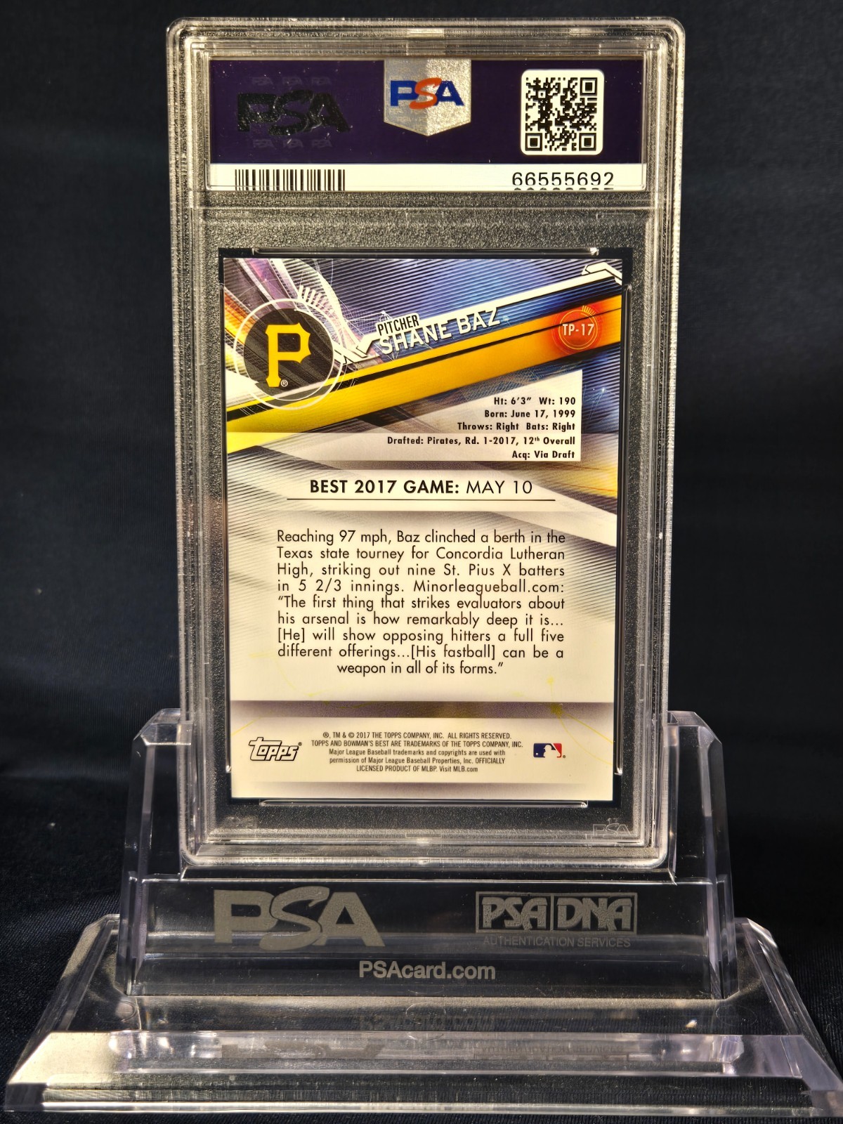 2017 BOWMAN’S BEST BLUE REFRACTOR SHANE BAZ #TP-17 PSA 10 GEM MINT 40/150!!! view 2