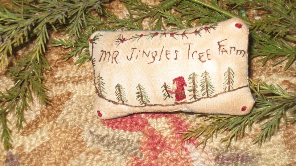 Primitive tiny Sampler Pillow "Mr. Jingles Tree Farm"~Early Quilt~Folk Art X-mas - Image 3 of 4