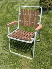 Vintage Wood & Aluminum Folding Red Wood Slat...