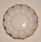 Vintage 10" Milk Glass Deviled Egg Plate Gold Trim Edging Capacity 12
