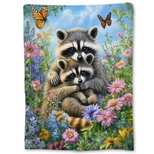Cute Raccoon Cub Blanket Floral Soft Fuzzy Flannel Throw Decor 60x50 Inch