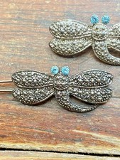 Dragonfly Vintage Hair Clip Blue Rhinestone Marcasite Barrette Silver PAIR Y2K