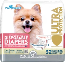 Paw Inspired Disposable Female Dog Diapers, Diapers for Dogs in Heat XXS, 32Ct