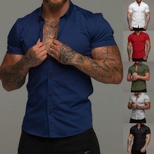 Casual Short Sleeve Men Fitness Muscle Lapel Stretchy Blouse Thin Sports Shirts