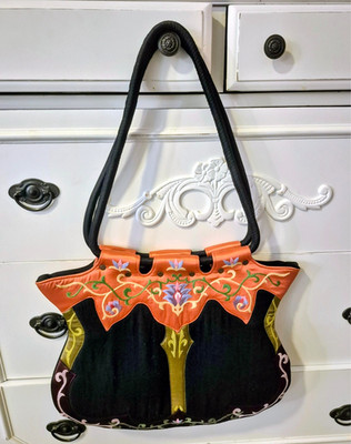 Perfume River handcrafted Artisanal  black & embroidered hand bag shoulder purse