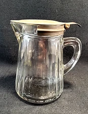 Vtg Anchor Hocking Glass Syrup Pitcher Spring Lid Ribbed Pattern Depression Era