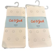 Cat  Jack Footed Tights 4-6x Two Pack - White With Silver Smiley Face Design