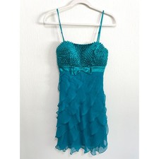VTG Sue Wong Nocturne Babydoll Silk Blend Evening Mini Dress 4 Teal Beaded Fairy
