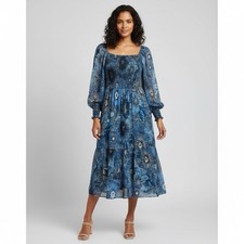 Vince Camuto Women's Square Neck Smocked Long Sleeve Pleated Floral Midi Dress 8