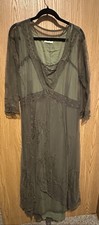 Nataya Olive Green Embroidered Mesh Maxi Dress Floral V-Neck 3/4 Sleeve Pullover