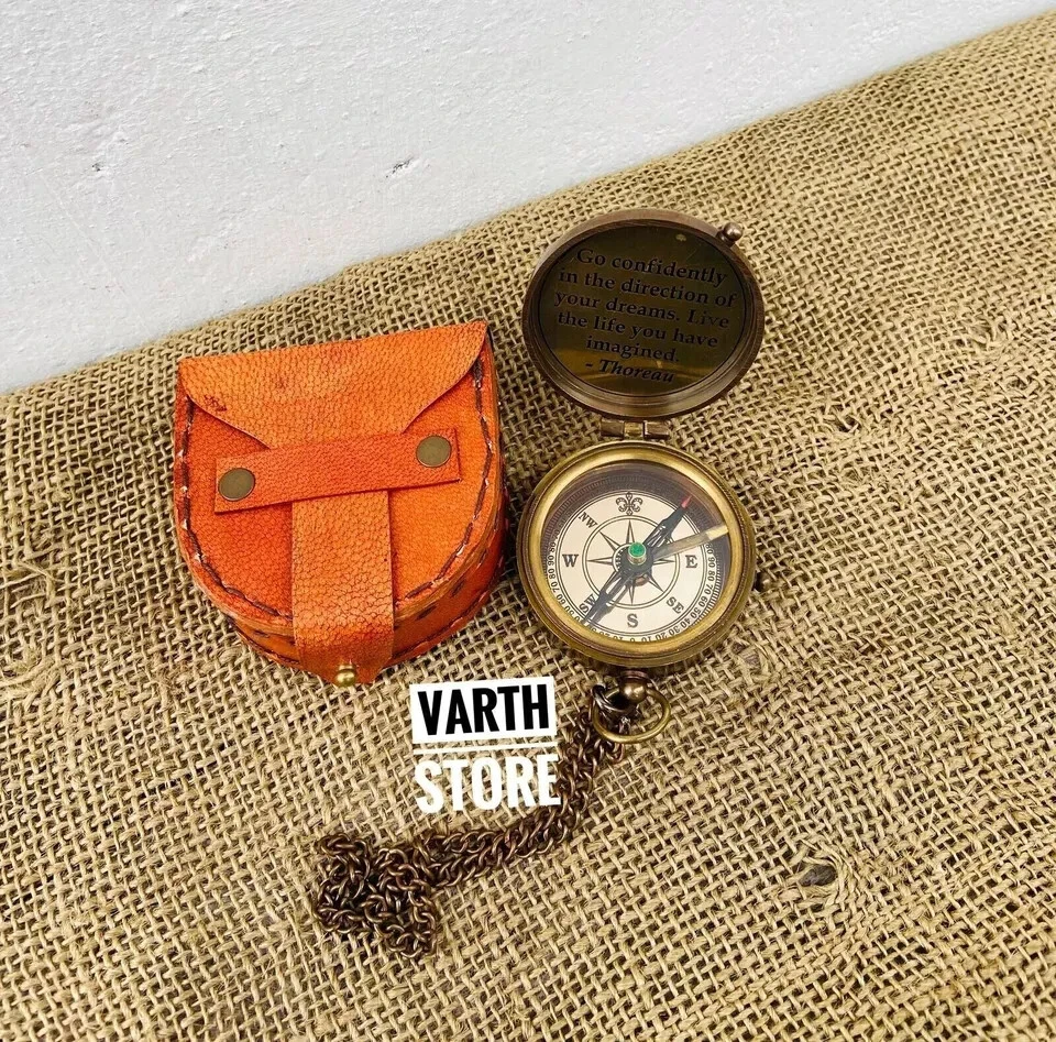 Винтажный антикварный латунный карманный компас морской морской компас с кожаной коробкой - Изображение 3 из 4